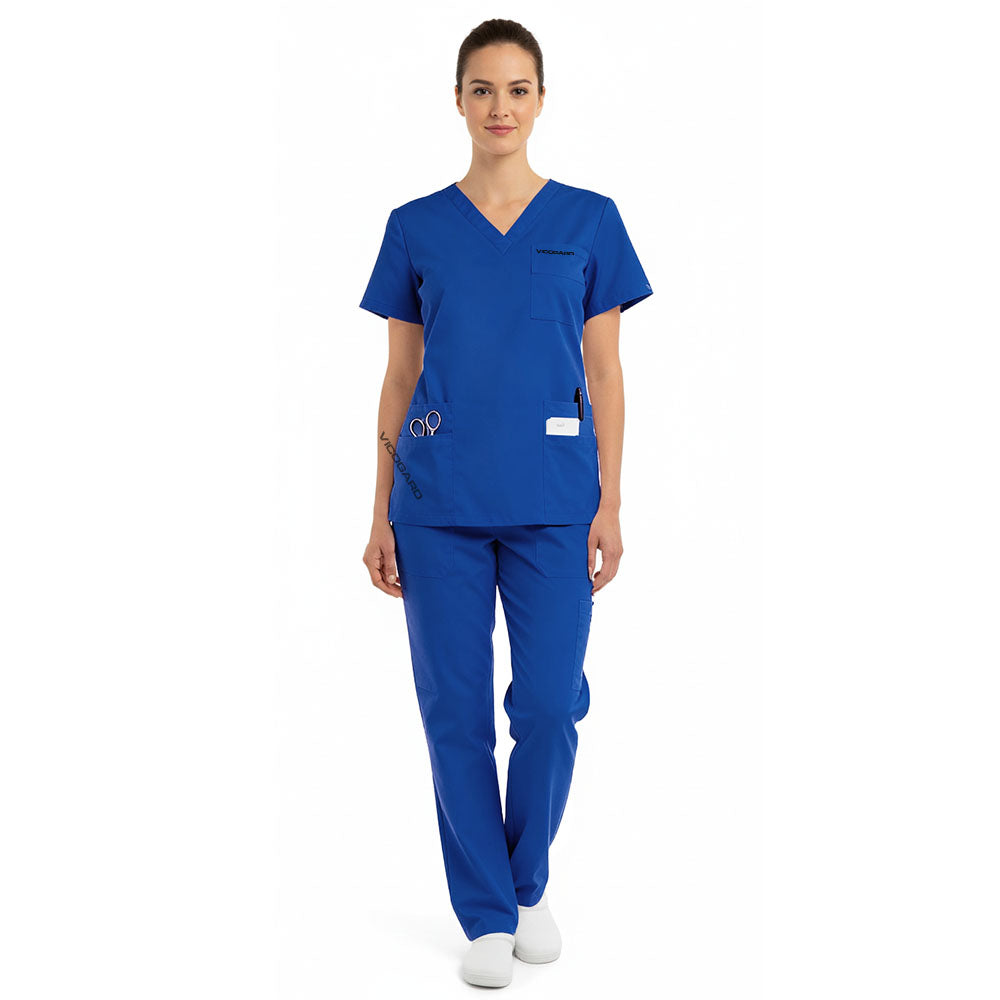 Professional model wearing the vicogard Pro Custom Unisex Scrub Set in Royal Blue