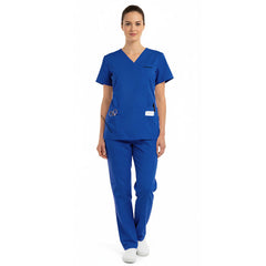 Professional model wearing the vicogard Pro Custom Unisex Scrub Set in Royal Blue