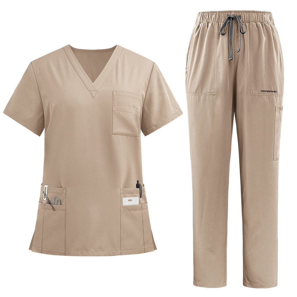 vicogard Pro Custom scrub set in neutral Sand, displayed on a clean background