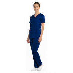 Side profile demonstrating the professional fit of the Navy Pro scrub set