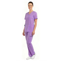 Side profile of model wearing the unique Purple Pro scrub set