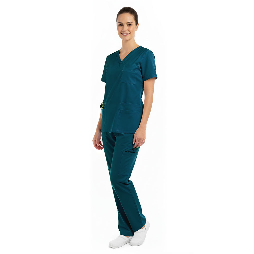 Side view of the Caribbean Blue Pro scrub set, showing its energetic color