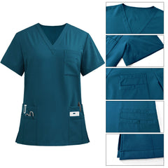 Detail of the V-Neck and pocket stitching on the Caribbean Blue Pro top