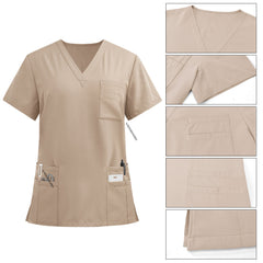 Close-up of the V-Neck and chest pocket construction on the Sand Pro top