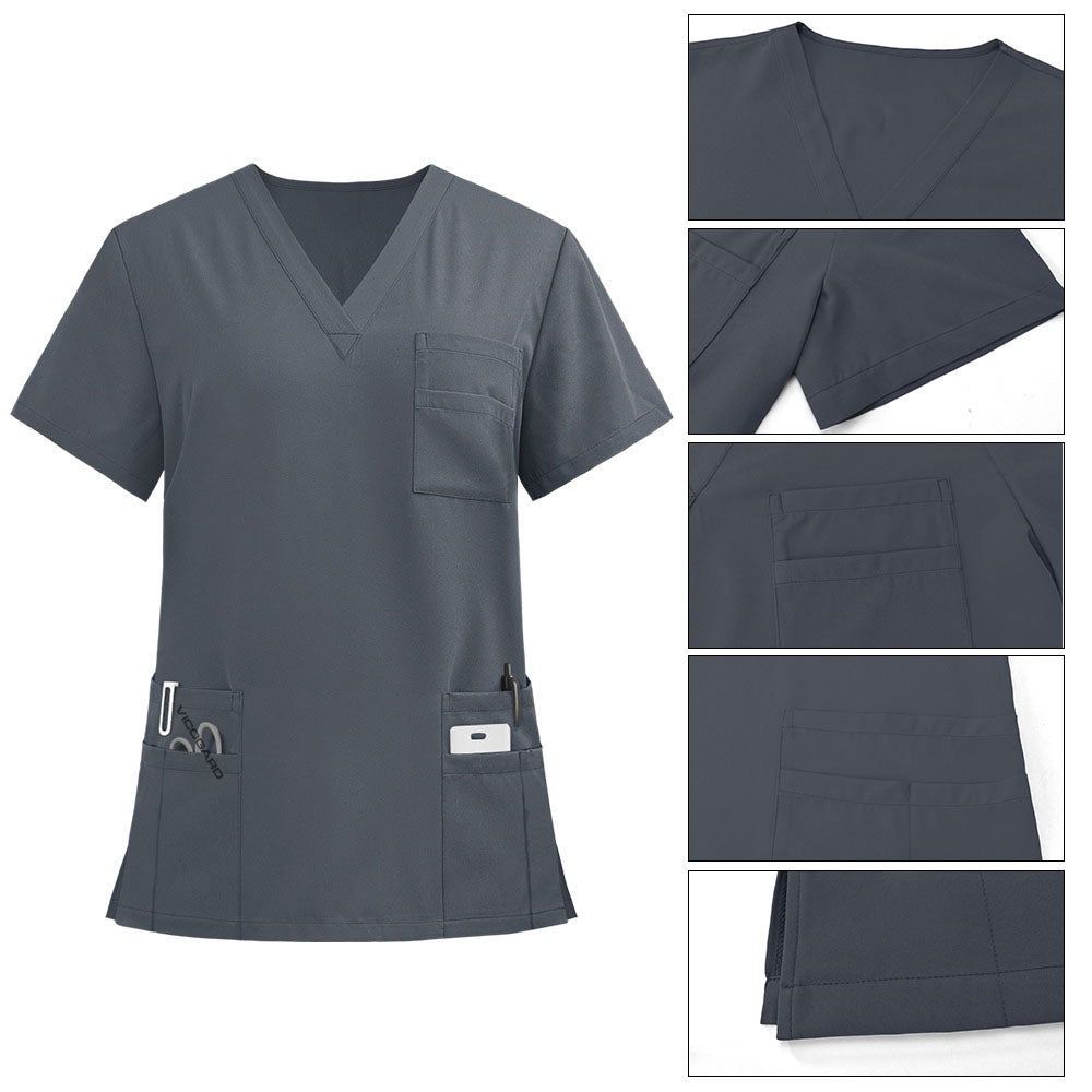 Detail of the layered chest pocket on the Heather Gray Pro scrub top