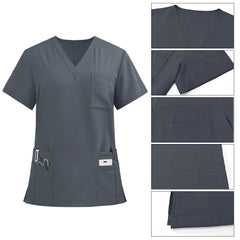 Detail of the layered chest pocket on the Heather Gray Pro scrub top