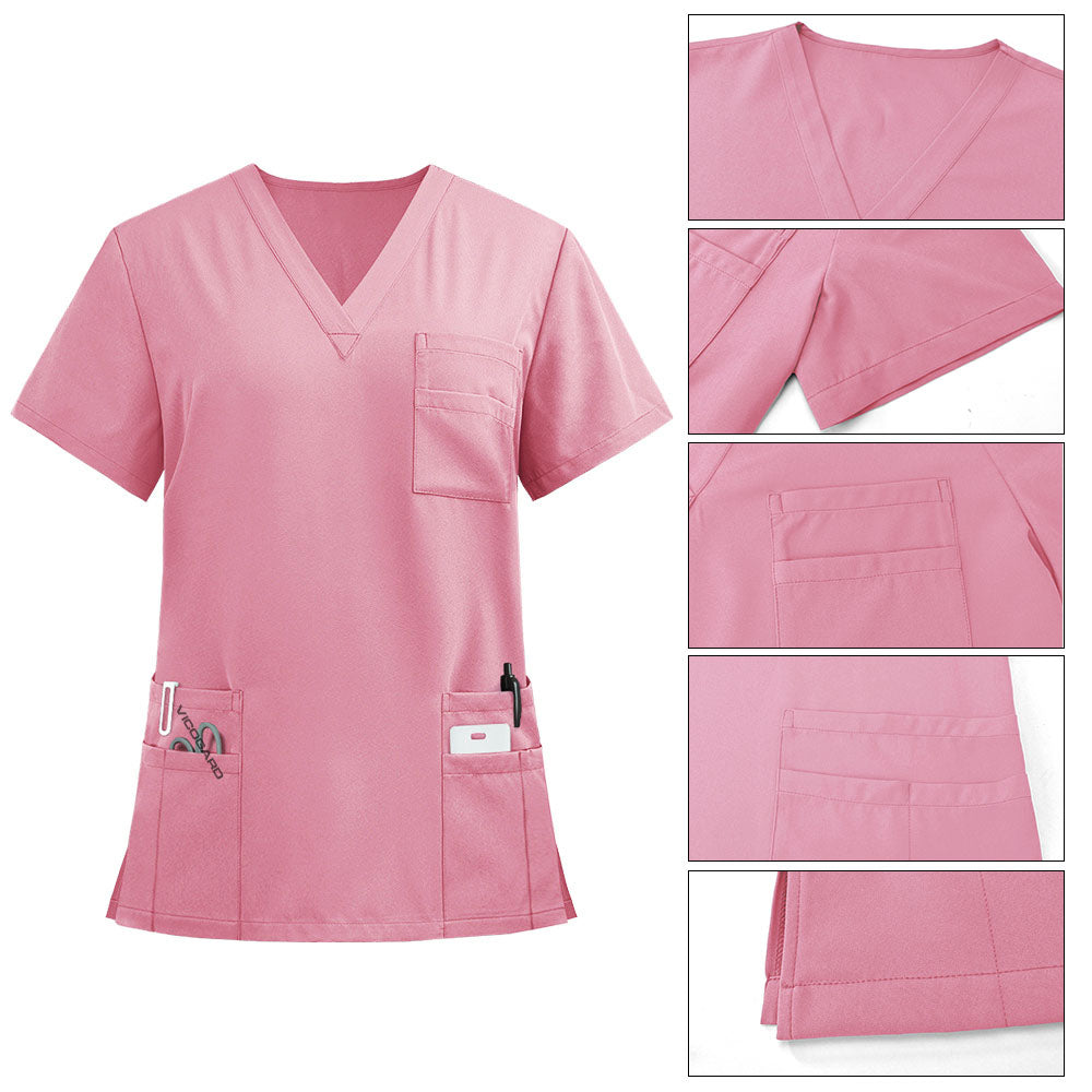 Detailed view of the reinforced V-Neck stitching on the Blush Pink Pro scrub top