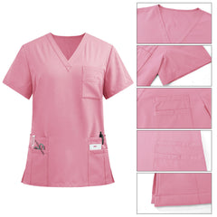 Detailed view of the reinforced V-Neck stitching on the Blush Pink Pro scrub top