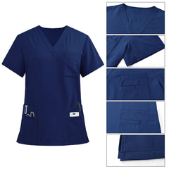 Detail of the precision-stitched V-Neck on the Navy Pro scrub top