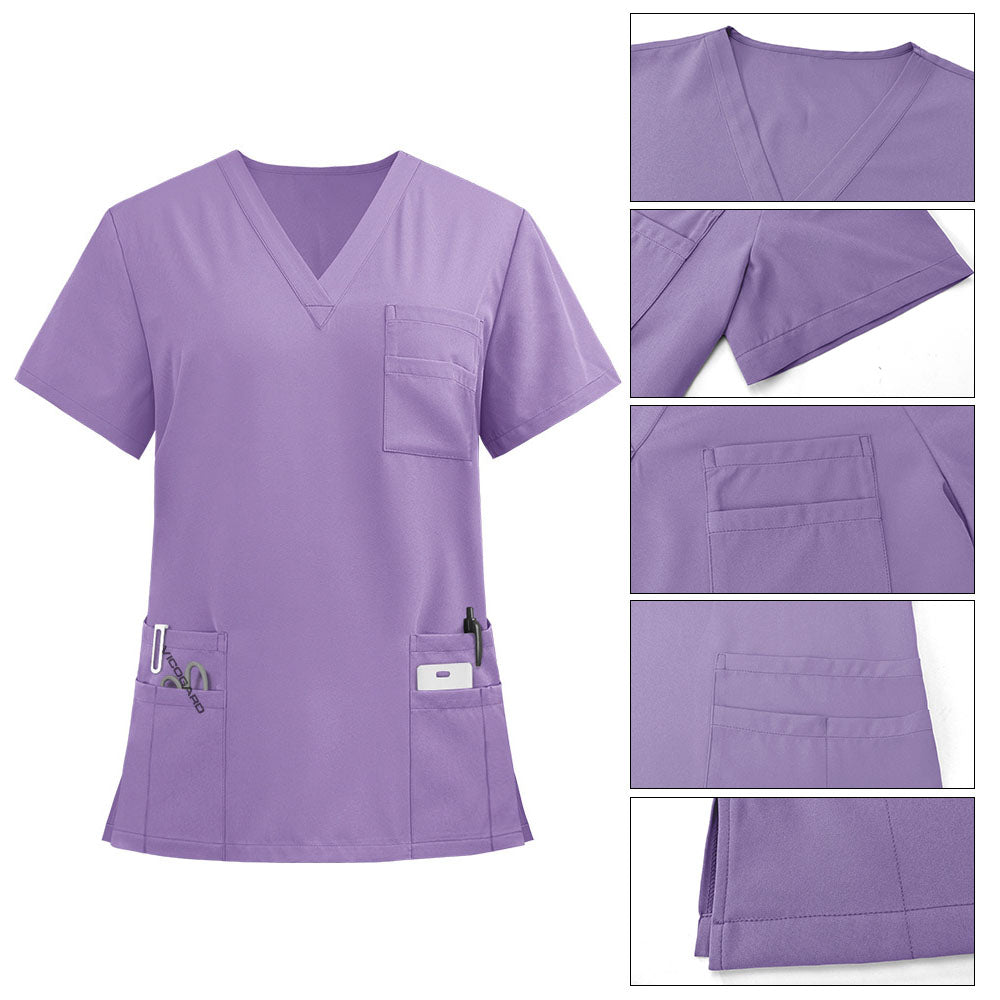 Detail of the layered chest pocket and V-Neck on the Purple  Pro scrub top