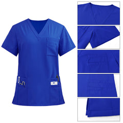 Detail of the functional chest pocket and V-Neck on the Royal Blue Pro scrub top