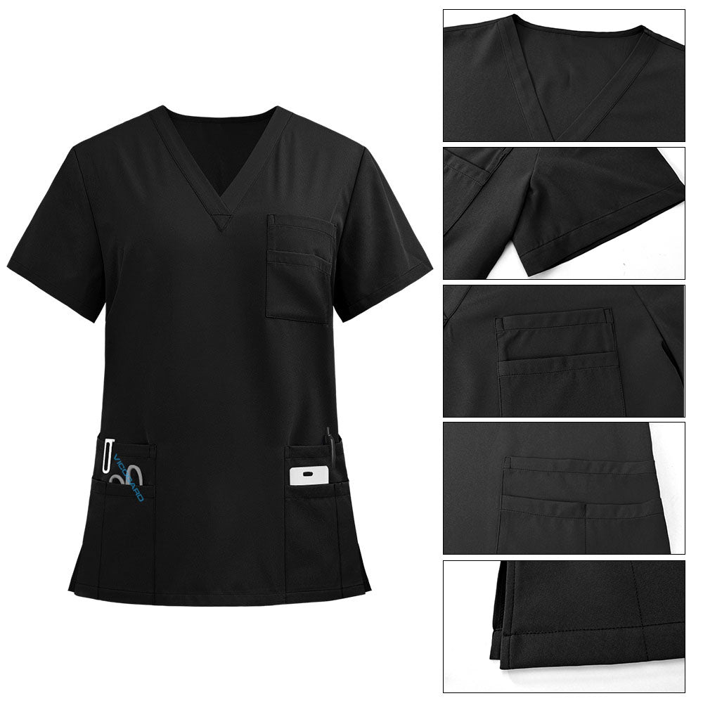 Detail of V-Neck and layered chest pocket on vicogard Black scrub top