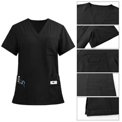 Detail of V-Neck and layered chest pocket on vicogard Black scrub top