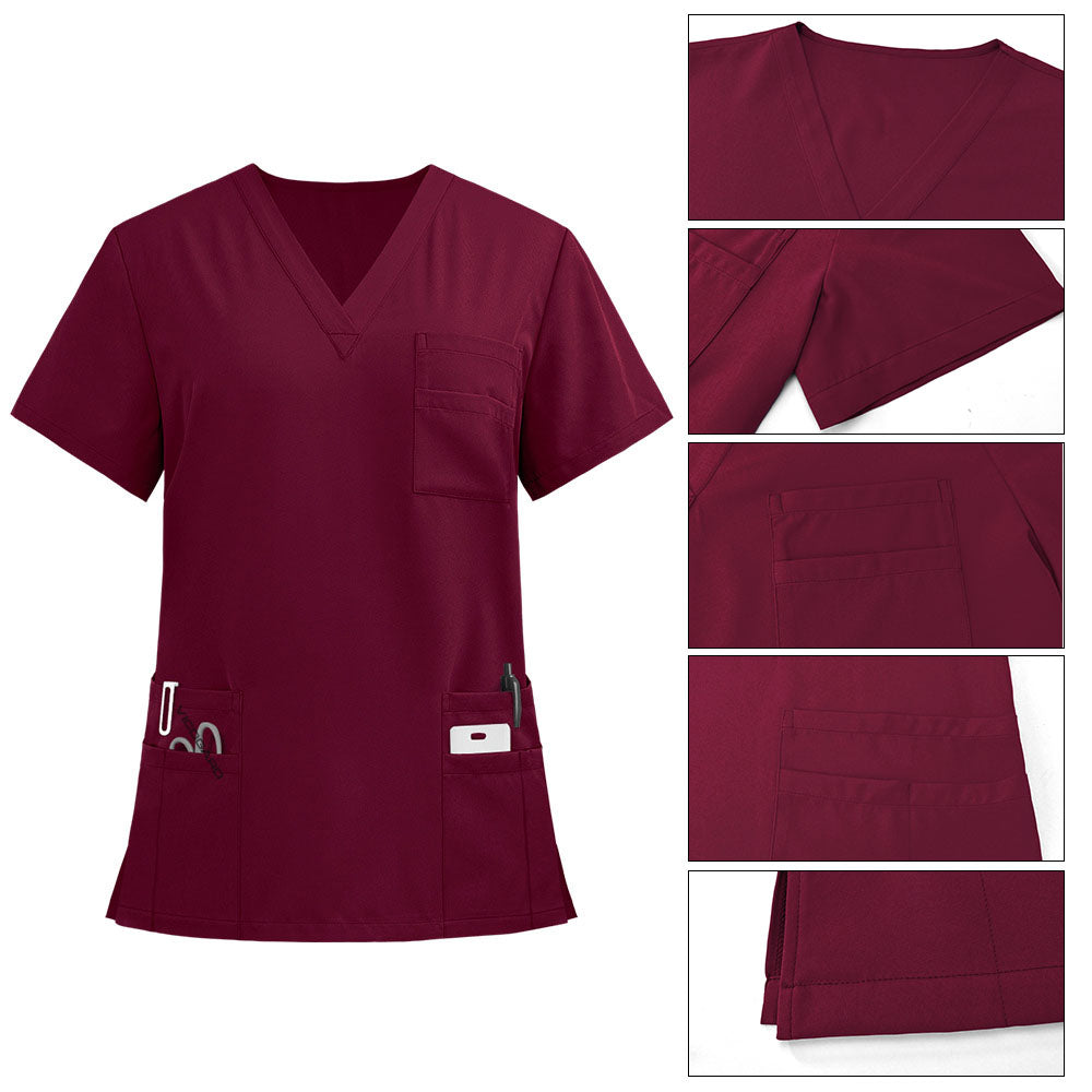 Detail of the V-Neck and pocket stitching on the Burgundy Pro scrub top
