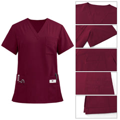 Detail of the V-Neck and pocket stitching on the Burgundy Pro scrub top