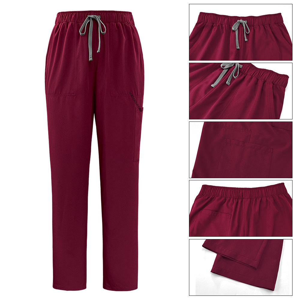 Shot of the drawstring tie and durable waistband on the Burgundy Pro scrub pants