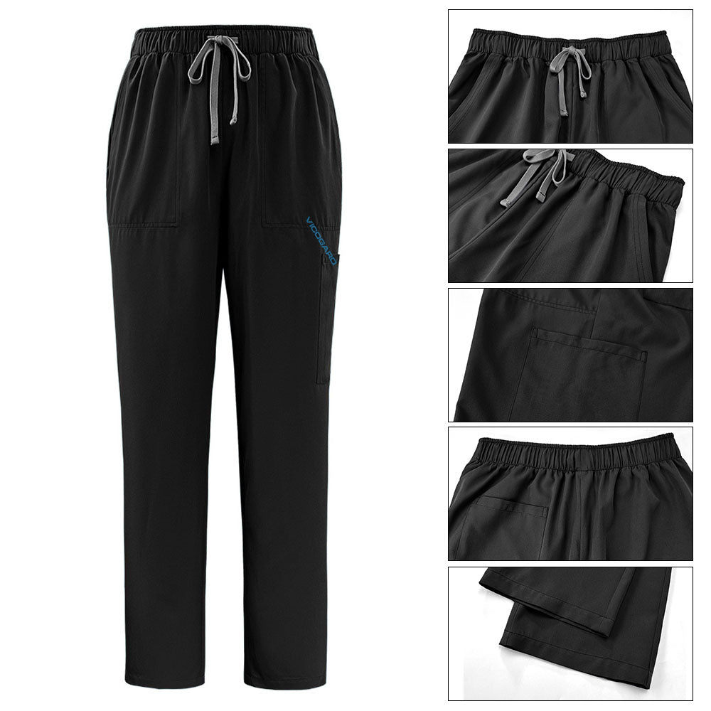 Detail of drawstring waistband and utility pocket on vicogard Black scrub pants