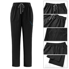 Detail of drawstring waistband and utility pocket on vicogard Black scrub pants