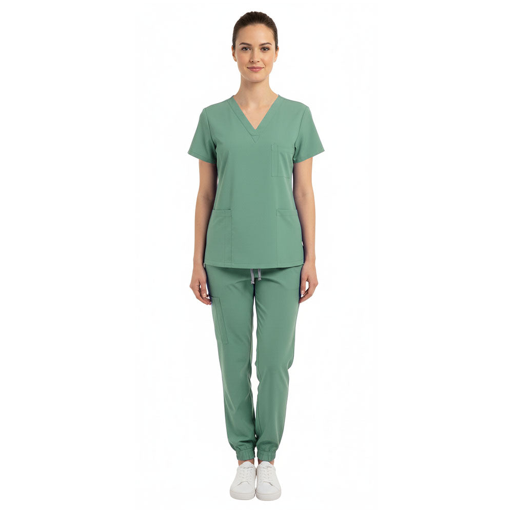 Vicogard Mint Green unisex scrub set front view, modern V-neck fit for medical professionals
