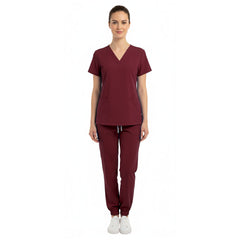 Vicogard Burgundy scrub set front view, wine colored moisture-wicking scrub suit