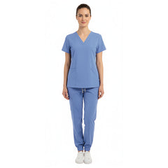 Vicogard Ceil Blue scrub set front view, standard light blue hospital scrubs for students