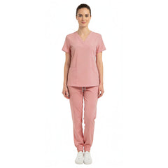Vicogard Pink scrub set front view, cute women's nursing scrubs for breast cancer awareness