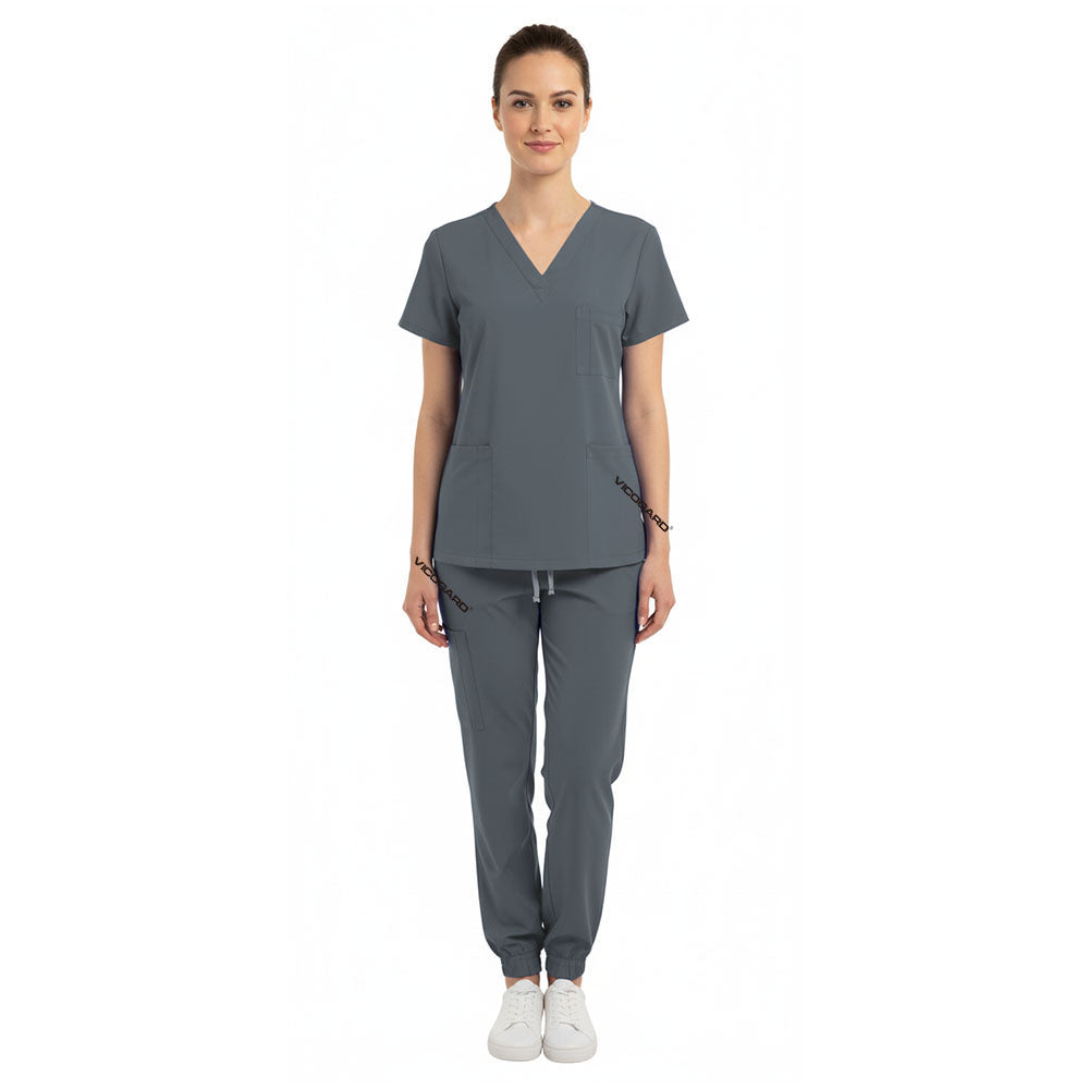 Vicogard Gray women's scrub set front view, modern neutral medical uniform for professionals