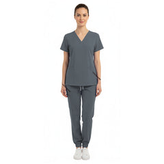 Vicogard Gray women's scrub set front view, modern neutral medical uniform for professionals