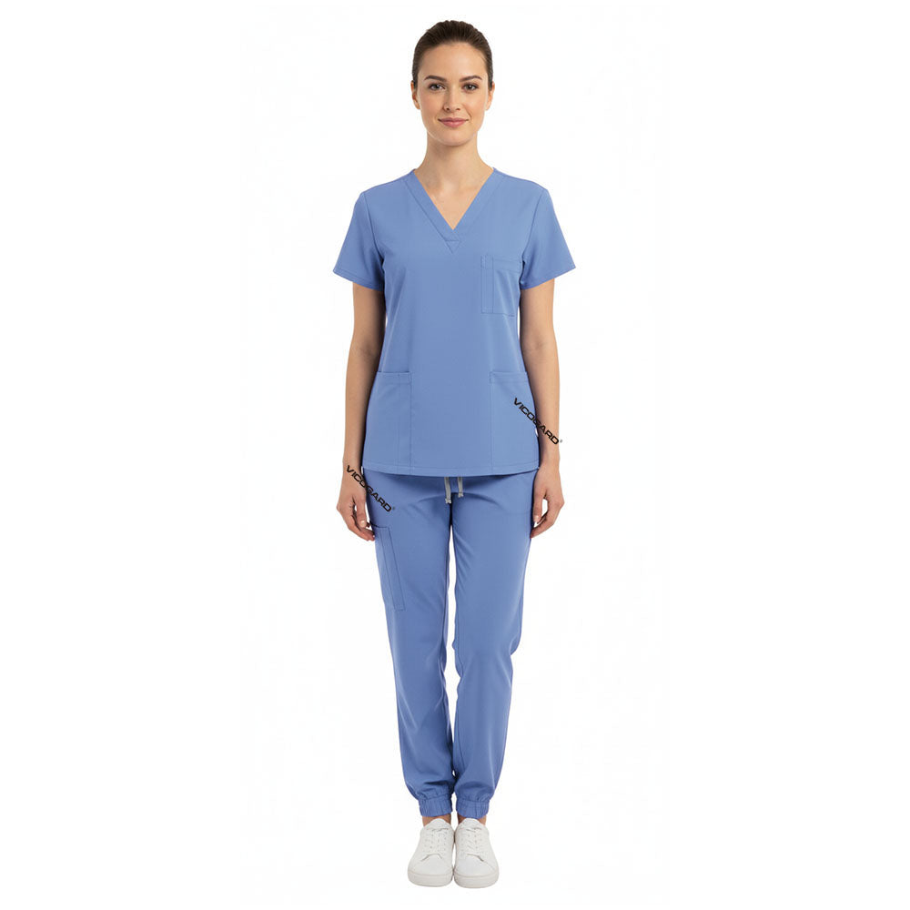 Vicogard Ceil Blue women's scrub set front view, standard hospital medical uniform for nurses