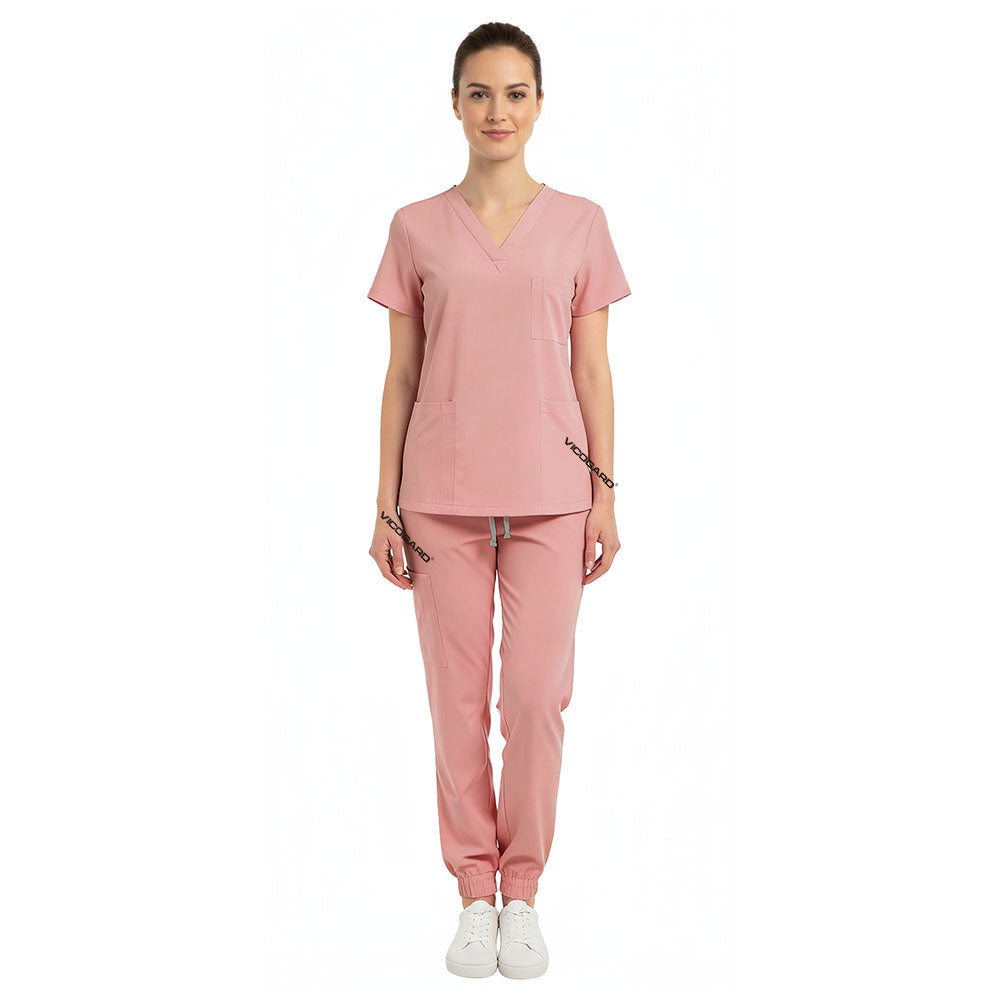 Vicogard Pink women's scrub set front view, cute V-neck medical uniform for nurses