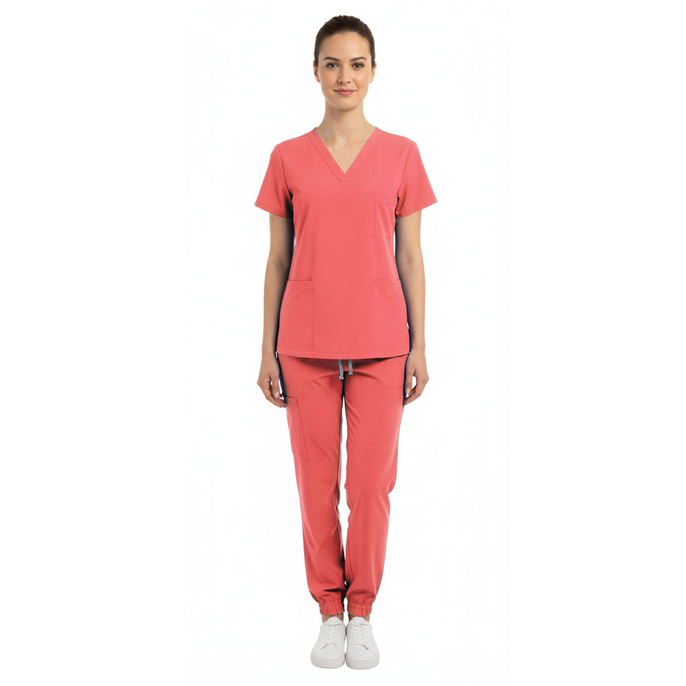 Vicogard Orange Red unisex scrub set front view, vibrant medical uniform for pediatrics and ER