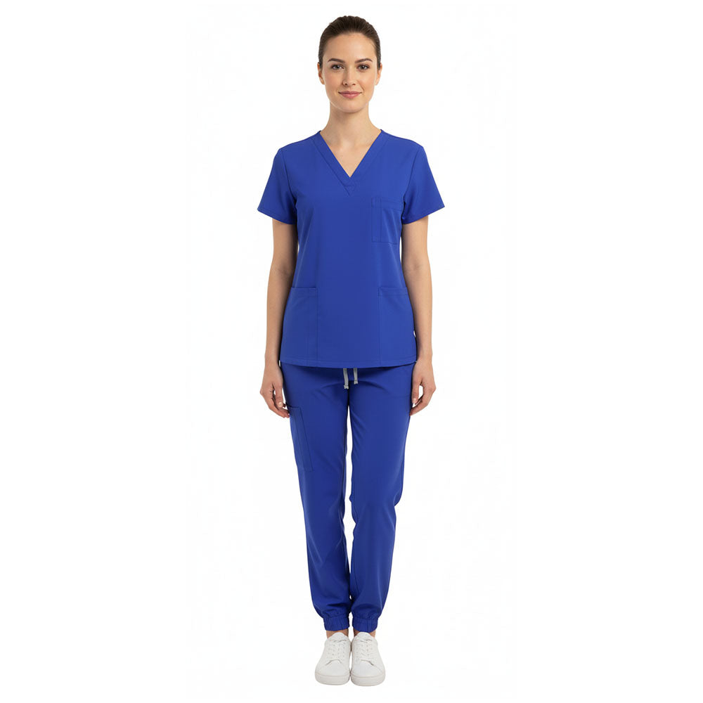 Vicogard Royal Blue unisex scrub set front view, professional medical uniform for nurses and doctors