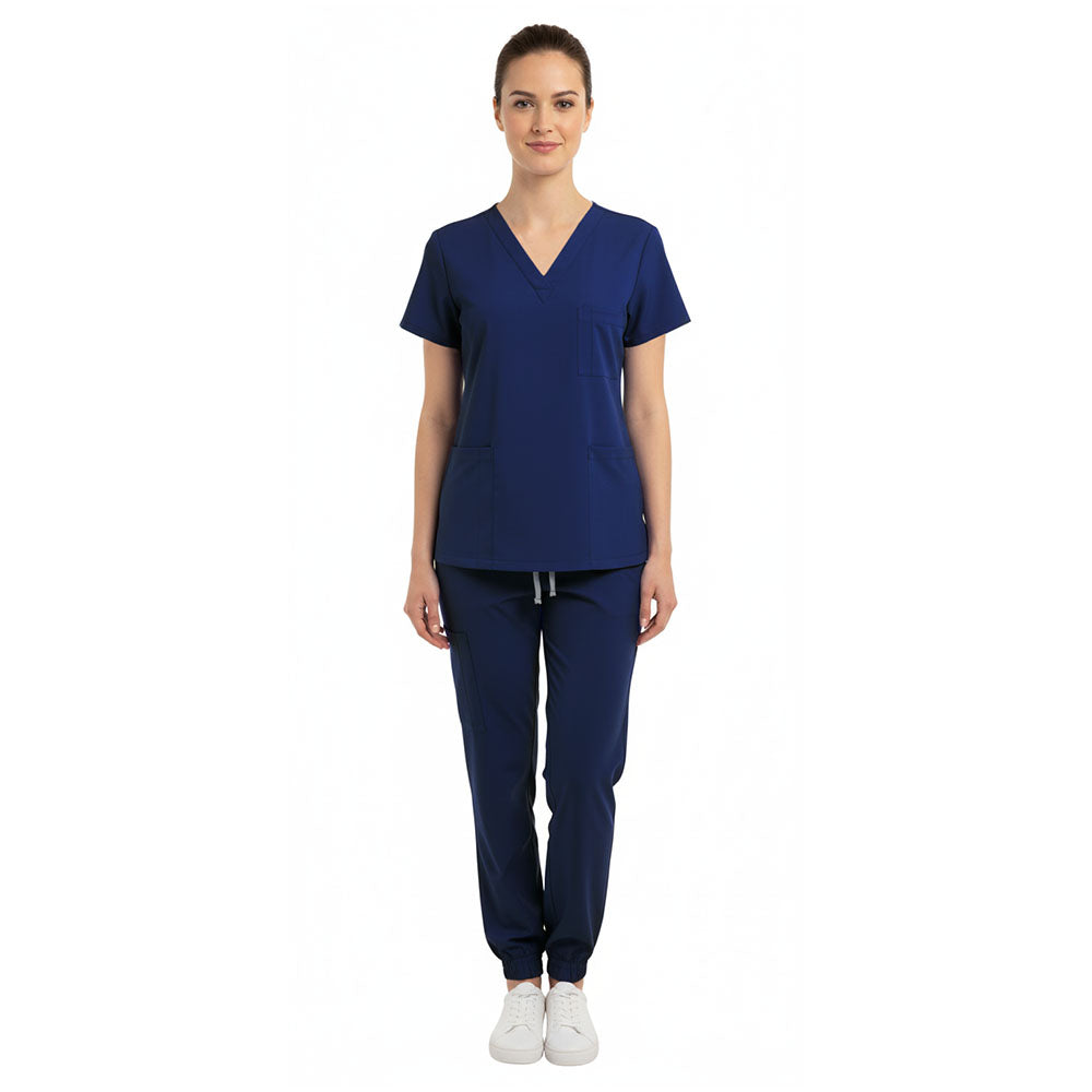 Vicogard Navy Blue unisex scrub set front view, classic professional medical uniform