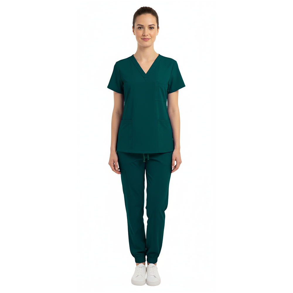 Vicogard Hunter Green scrub set front view, durable surgical green medical uniform