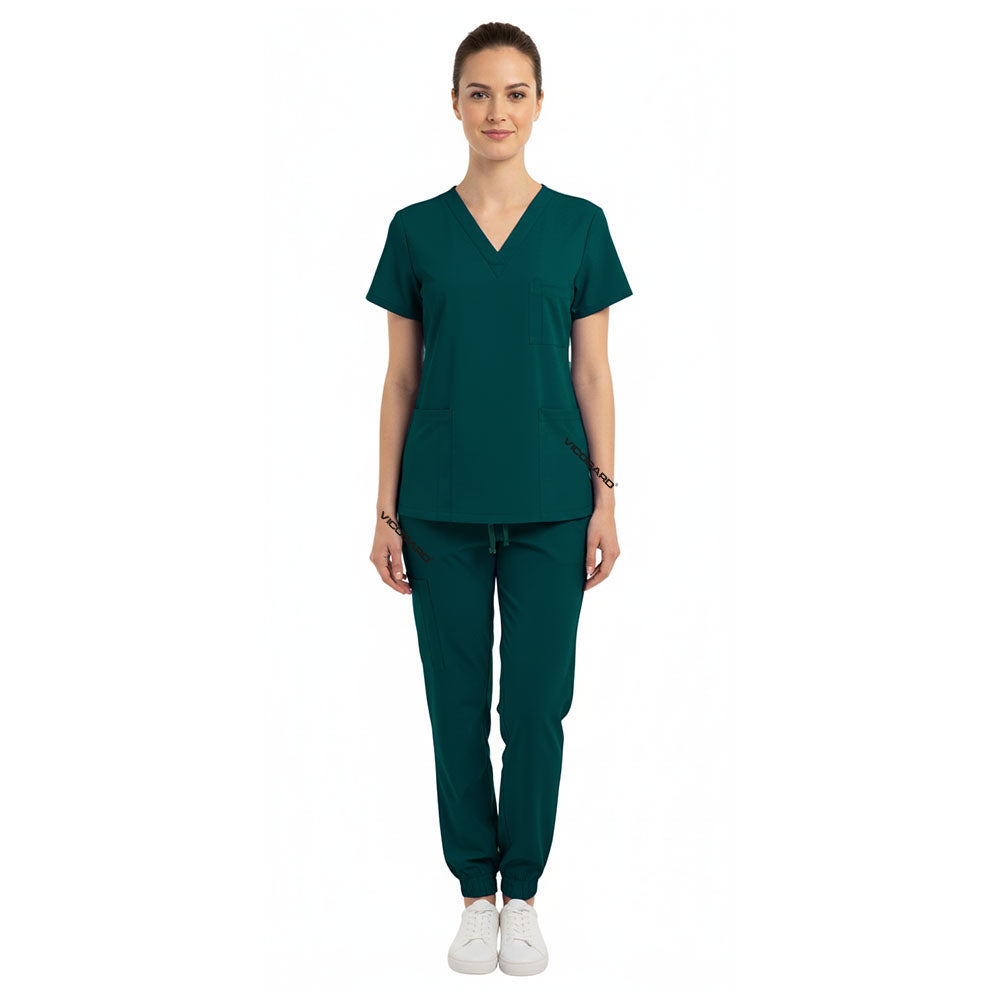 Vicogard Hunter Green women's scrub set front view, professional surgical medical uniform