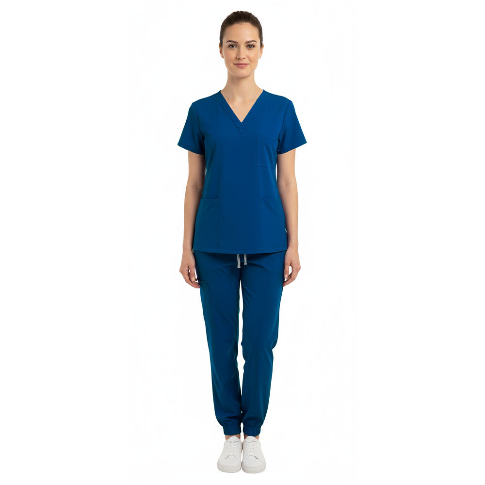 Vicogard Caribbean Blue scrub set front view, vibrant blue jogger scrubs for pediatrics