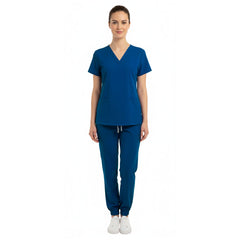Vicogard Caribbean Blue scrub set front view, vibrant blue jogger scrubs for pediatrics