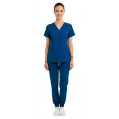Vicogard Caribbean Blue women's scrub set front view, vibrant cheerful medical uniform for pediatrics