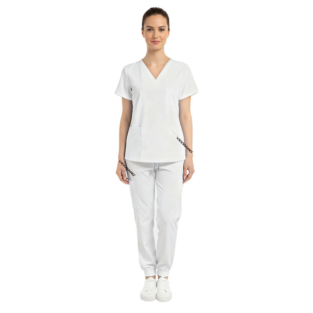 Vicogard White women's scrub set front view, crisp clinical nursing student uniform