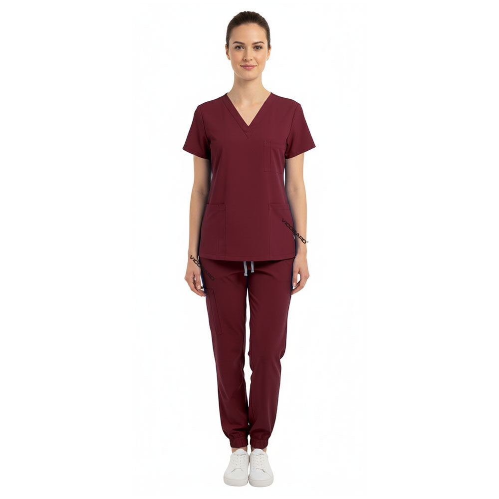 Vicogard Burgundy women's scrub set front view, professional wine colored medical uniform