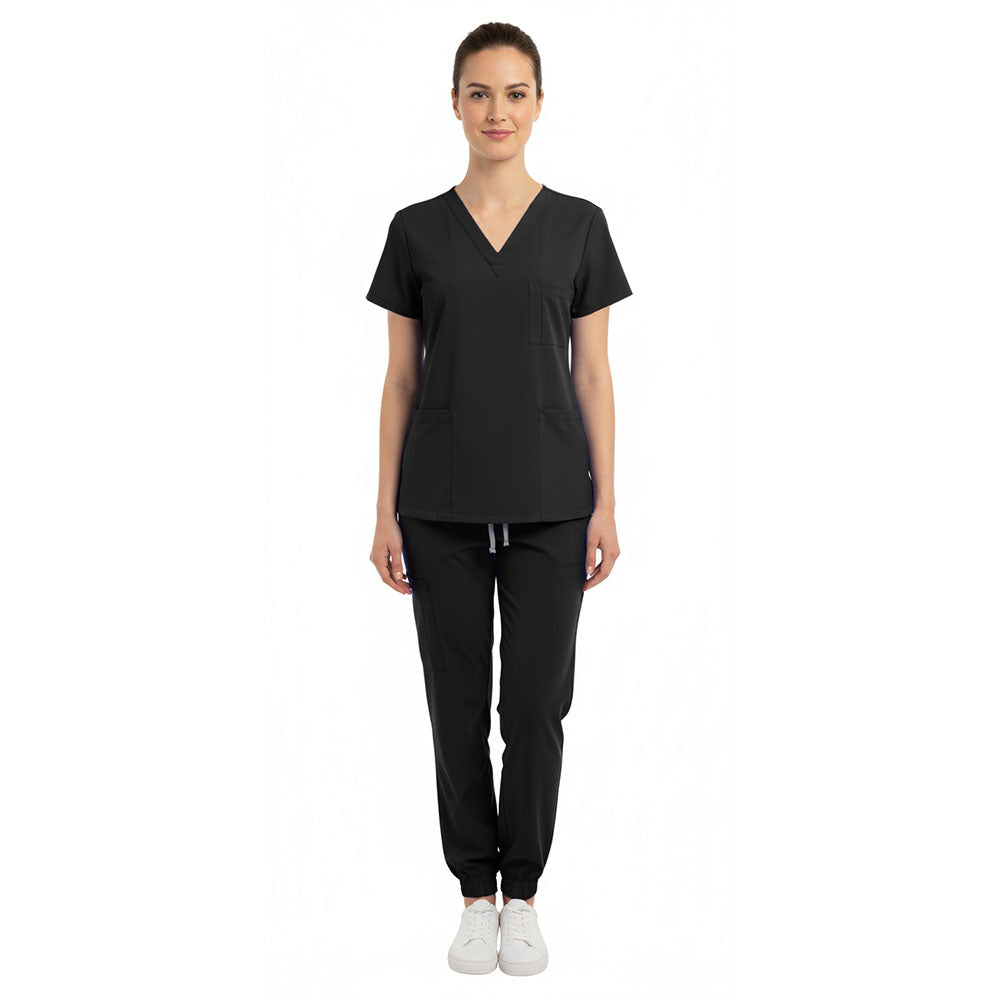 Vicogard Black scrub set front view, professional fade-resistant medical uniform for women