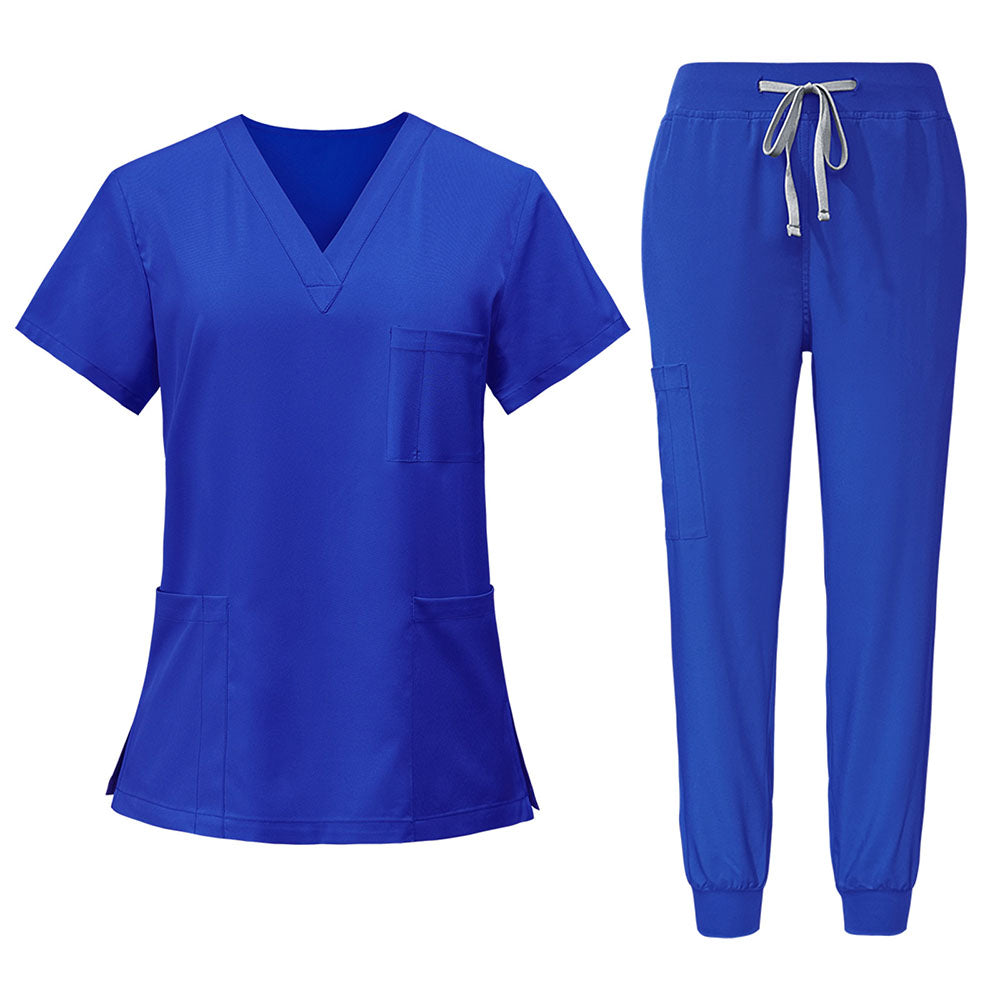 Flat lay of Royal Blue scrub set including V-neck top and jogger pants