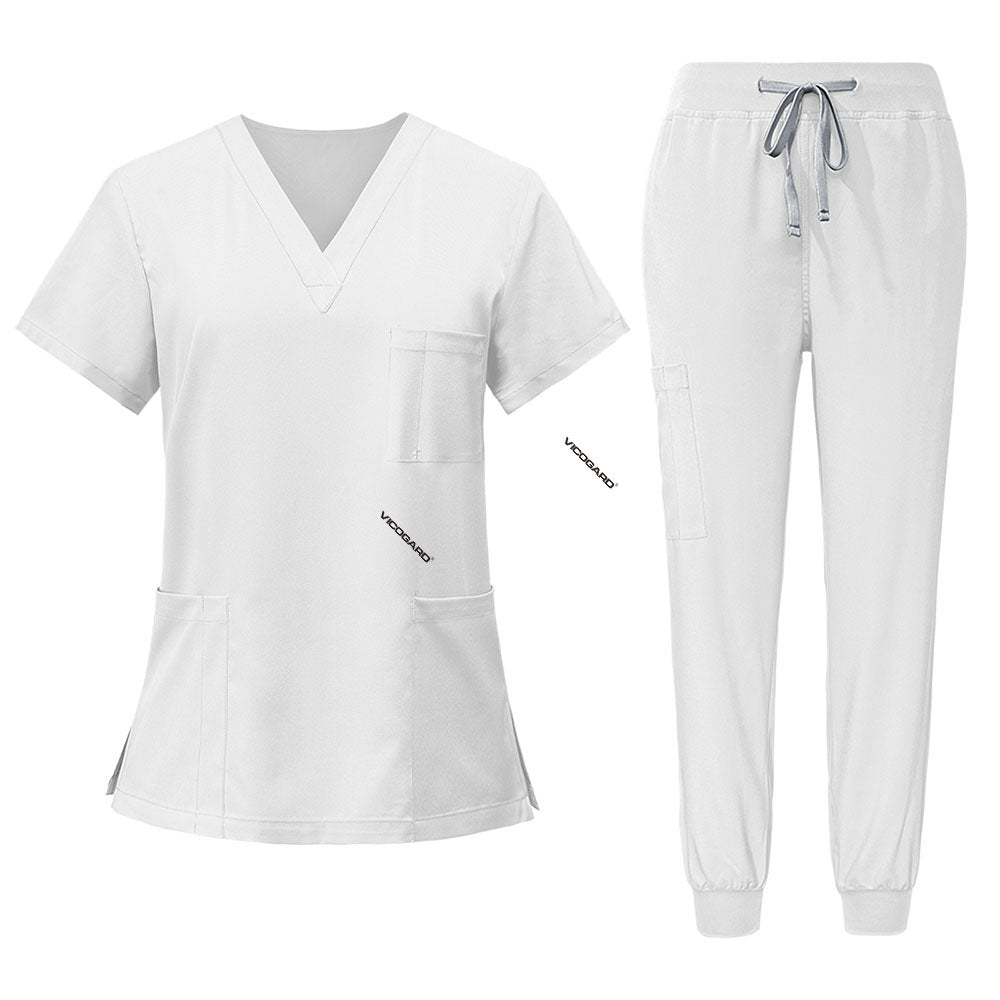 Flat lay of White scrub set featuring V-neck top and jogger pants
