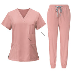 Flat lay of Pink scrub set model 71212, including top and jogger pants