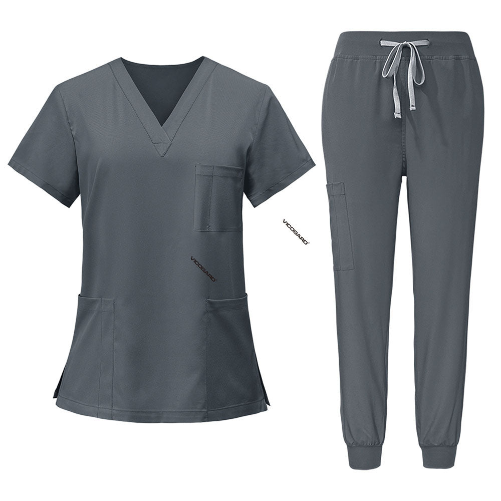 Flat lay of Gray scrub set model 71212, featuring V-neck top and jogger pants