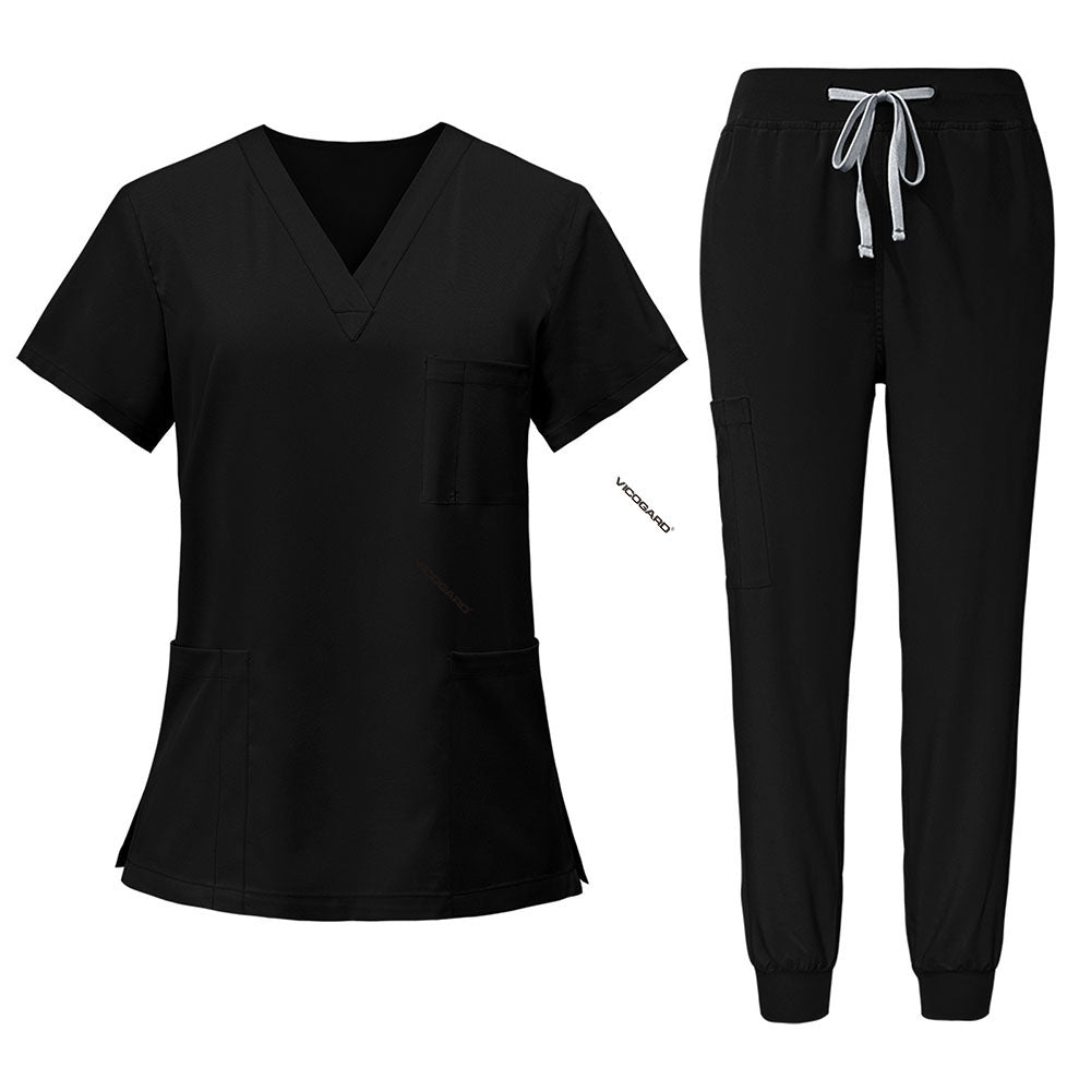 Flat lay of Black scrub set model 71212, featuring V-neck top and jogger pants