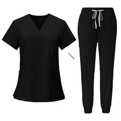 Flat lay of Black scrub set model 71212, featuring V-neck top and jogger pants