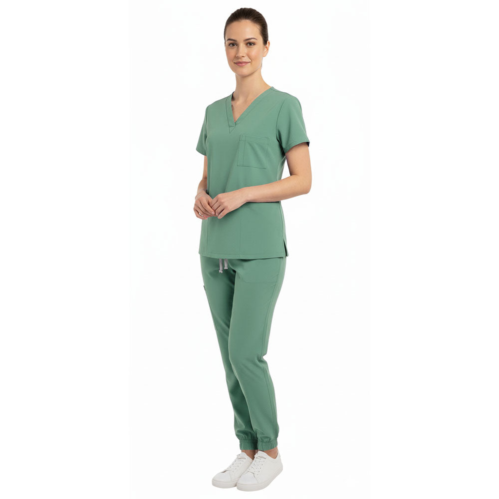 Side view of scrub joggers showing deep cargo pockets and flexible fit for nurses
