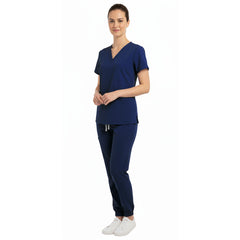 Side view of Navy Blue scrub joggers showing tailored fit and deep cargo pockets