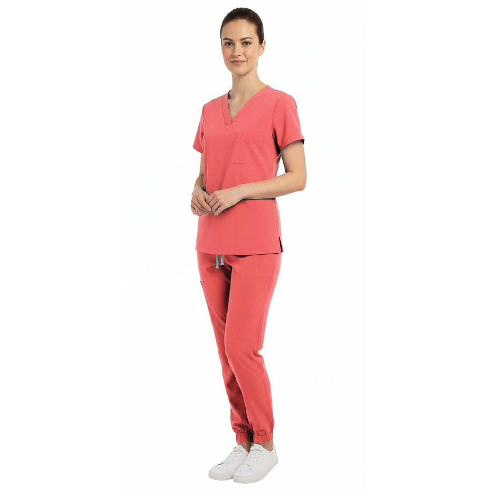 Side view of Orange Red scrub joggers showing athletic silhouette and cargo pockets